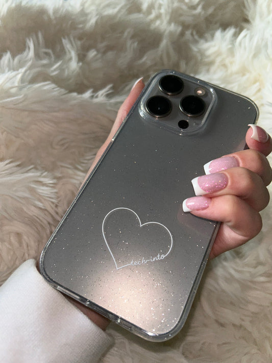 Glitter Heart Case – Doorzichtige Glitter Case met Wit Tech-into Hart